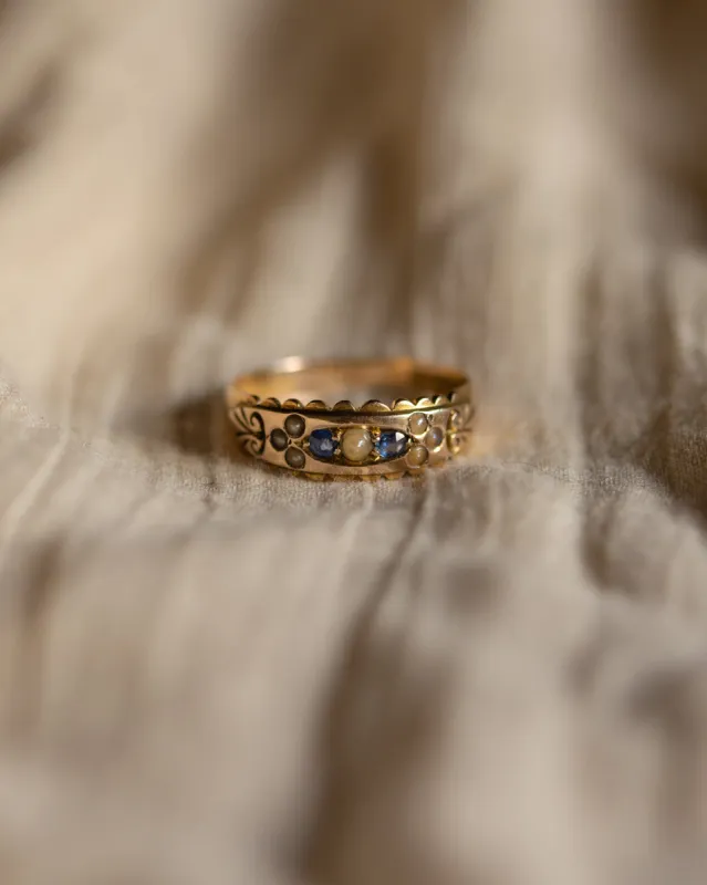 Elisabeth 1894 Victorian Antique 15ct Gold Sapphire & Pearl Ring sold by Rock n Rose