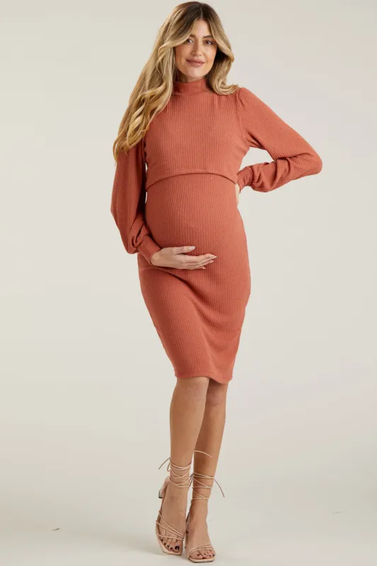 Rust Rib Knit Mock Neck Maternity Nursing Dress sold by Pinkblush