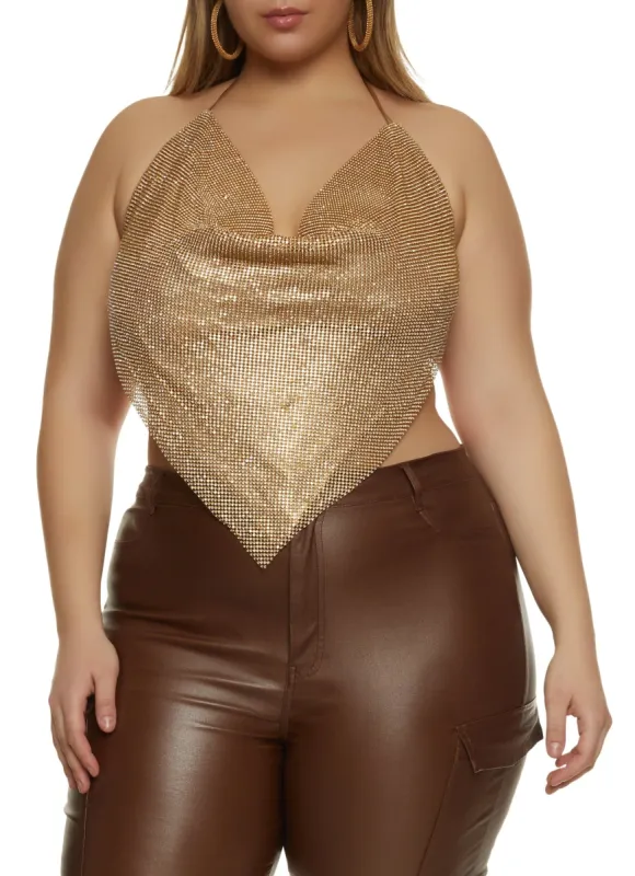 Plus Size Cowl Neck Rhinestone Halter Top sold by Rainbow
