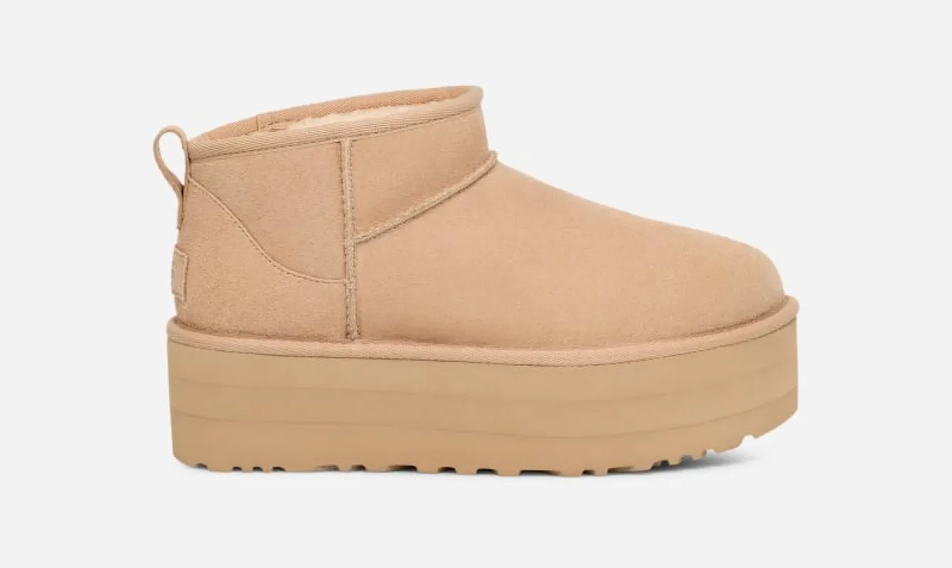 UGG® Women's Classic Ultra Mini Platform Suede Classic Boots in Sand, Size 7 sold by UGG