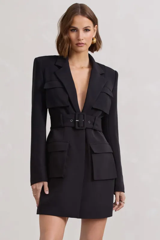 Genesis | Black Belted Utility Blazer Dress sold by Club L London