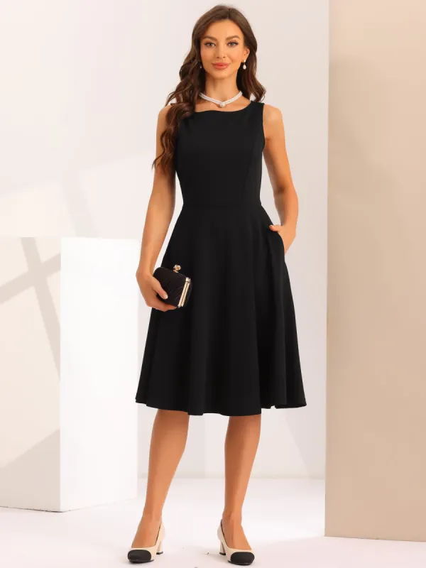 Sleeveless Boat Neck High Waisted A-Line Midi Dress | Parallel