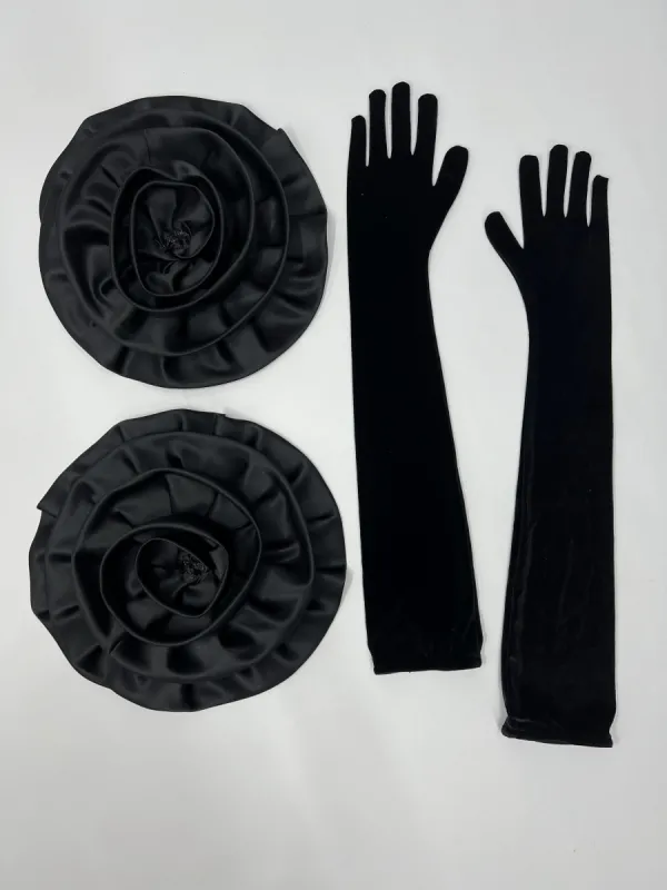 Ceva Camellia Flower Satin Gloves In Black sold by Mew Mews