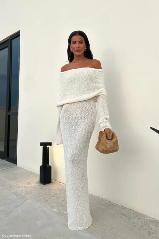Marisol Off Shoulder Boucle Maxi Dress - Ivory sold by Meshki