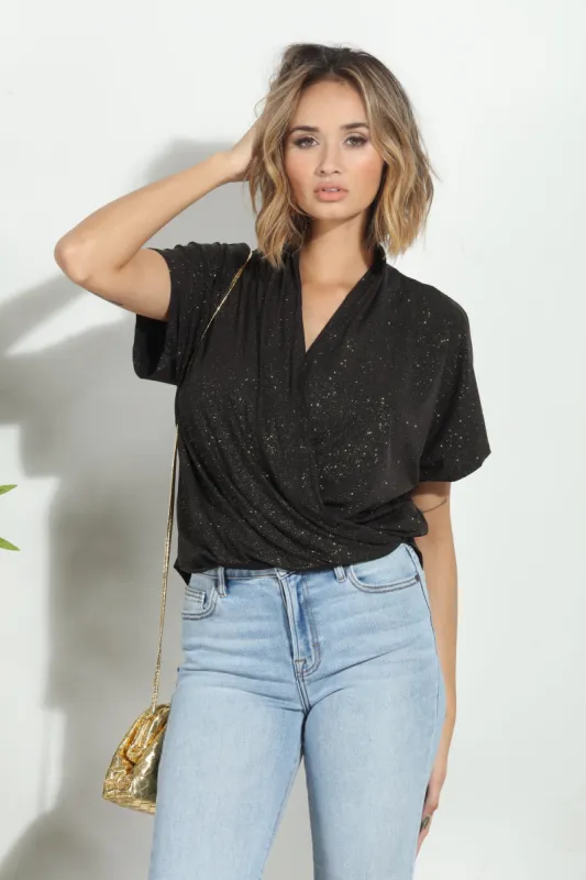 Black Gold Sparkle Surplice Top-FINAL SALE sold by Veronica M