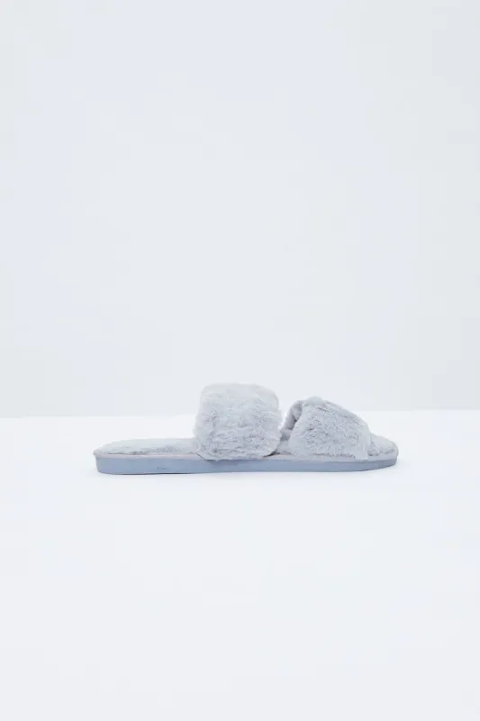 Grey Faux Fur Fluffy Slides sold by Ally Fashion