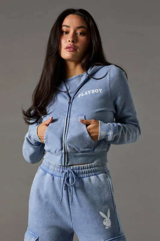 Playboy Bunny Graphic Zip-Up Washed Hoodie sold by Urban Planet