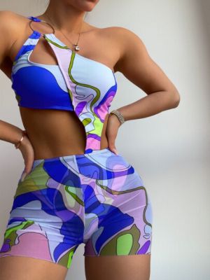 Random Graphic Print O-ring Cut Out One Shoulder One Piece Swimsuit sold by SHEIN