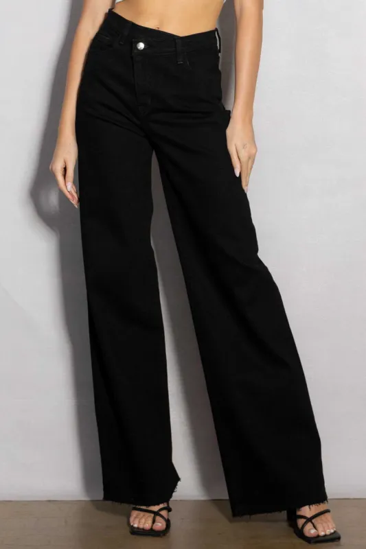 High Rise Crossed Waist Wide Jeans sold by Vibrant