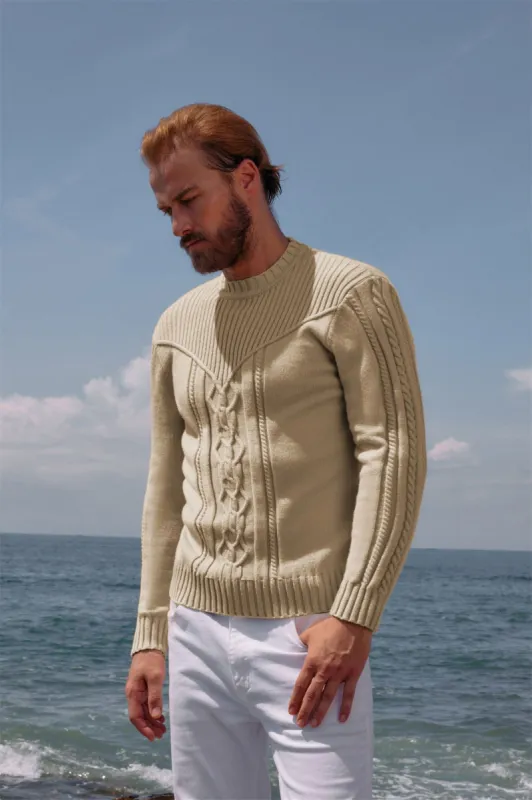 Mens Crewneck Sweater Lightweight Slim Fit Long Sleeve Cable Knitted Sweater sold by Paul Jones