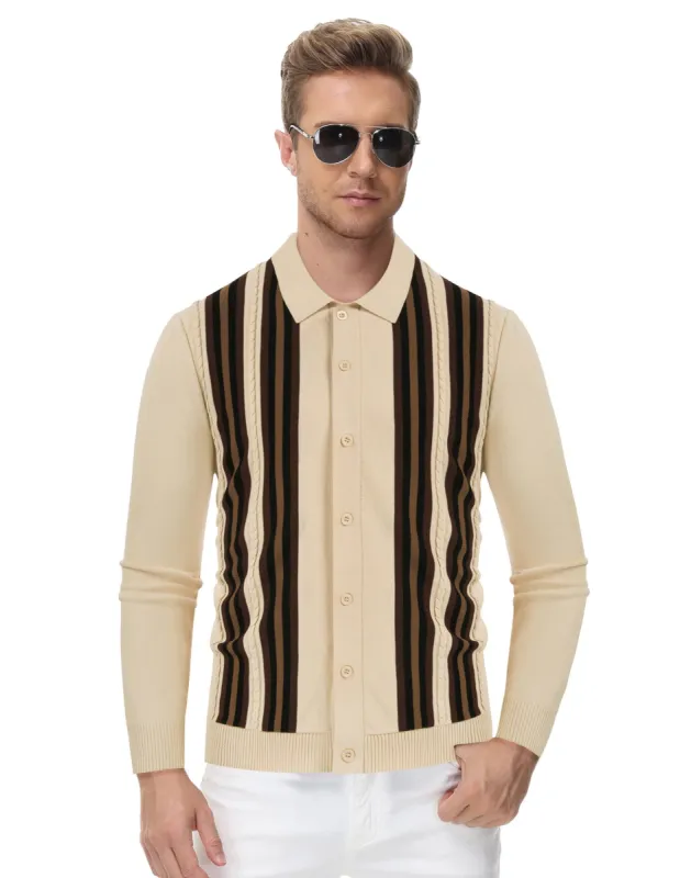 Mens Vintage Striped Knit Polo Shirt Long Sleeve Button Down Cardigan Sweater sold by Paul Jones