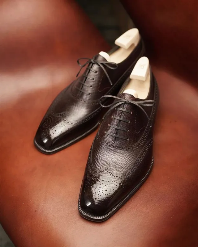 Brown Hatch Grain Leather Cedria Brogue Wingtip Oxfords - Formal Shoes - SS23 sold by Costoso Italiano