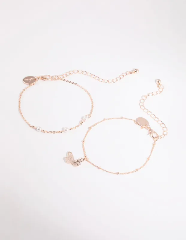 Rose Gold Pearl & Butterfly Bracelet Set sold by lovisa