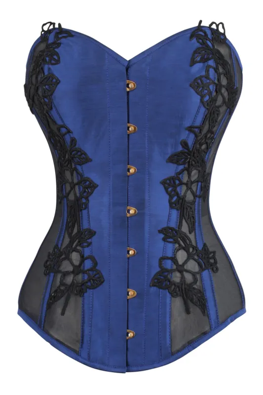 Navy Blue Longline Overbust Corset with Black Lace and Mesh Panels sold by Corset Story