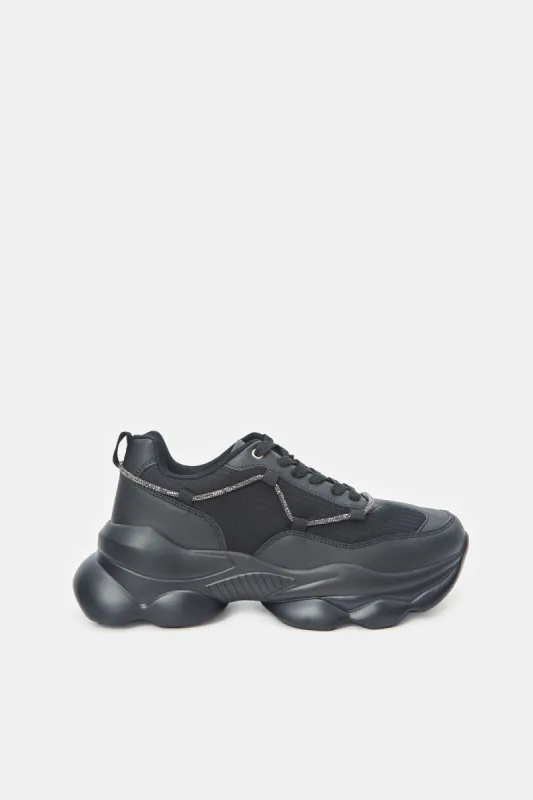 Women Black Chunky Trainer With Silver Trims sold by Redtag