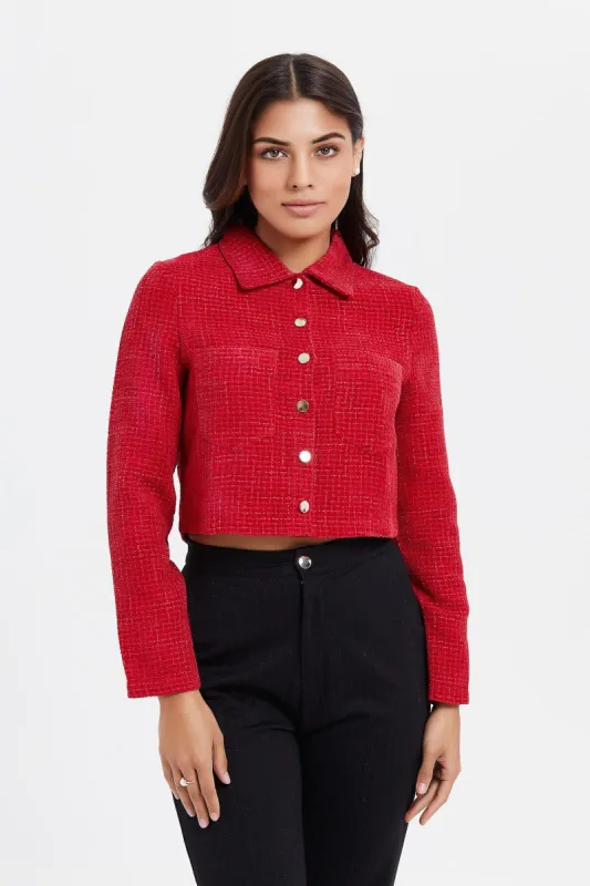 Women Red Cropped Jacket sold by Redtag