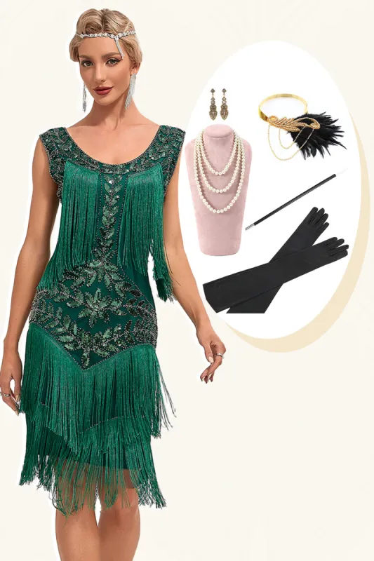 Dark Green Sequins Fringes Great Gatsby Dress with Accessories Set sold by Zapaka
