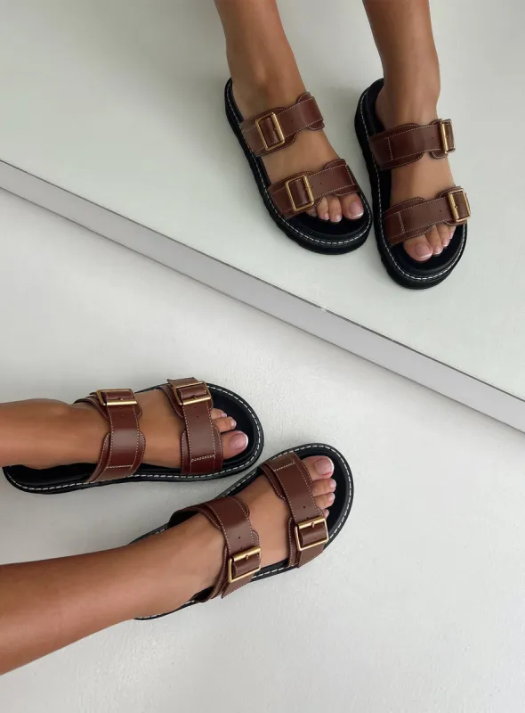 Ma Belle Sandals Contrast Stitch Chocolate sold by Princess Polly