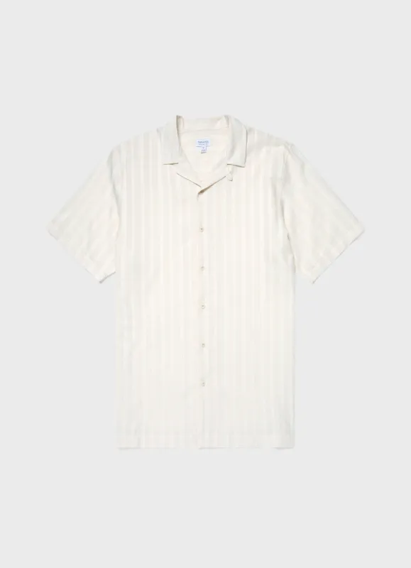 Men's Embroidered Stripe Camp Collar Shirt in Ecru sold by Sunspel