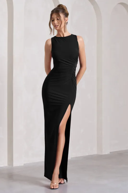 Night To Remember | Black Open-Back Split Maxi Dress sold by Club L London