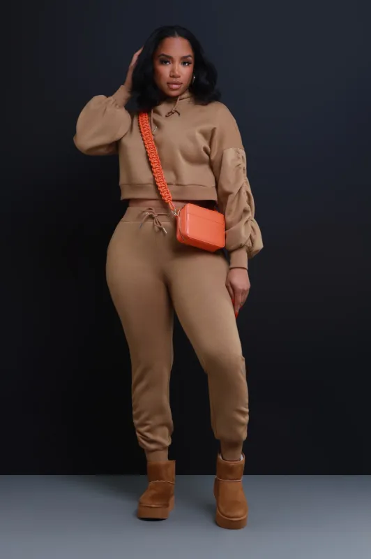 Who Said Ruched Hooded Jogger Set - Mocha sold by Swankaposh