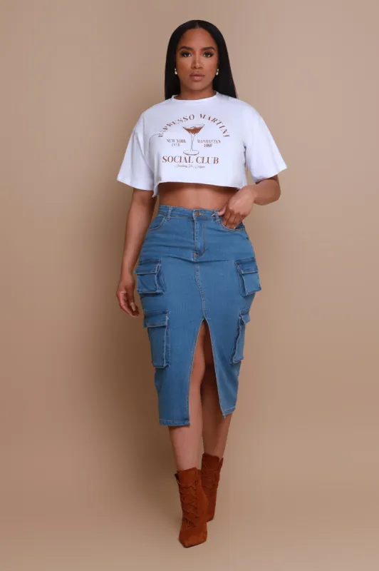 End Credits Denim Cargo Midi Skirt - Medium Wash sold by Swankaposh