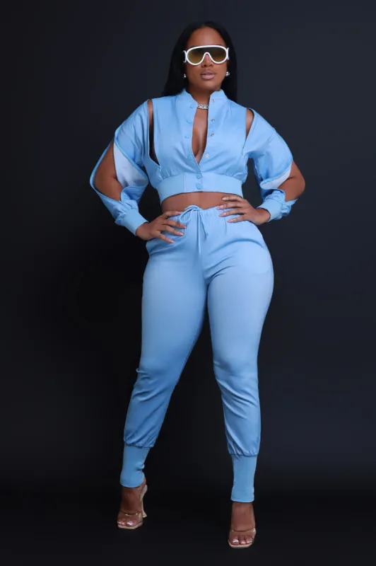 Top Priority Zippered Cropped Jogger Set - Light Wash Denim sold by Swankaposh