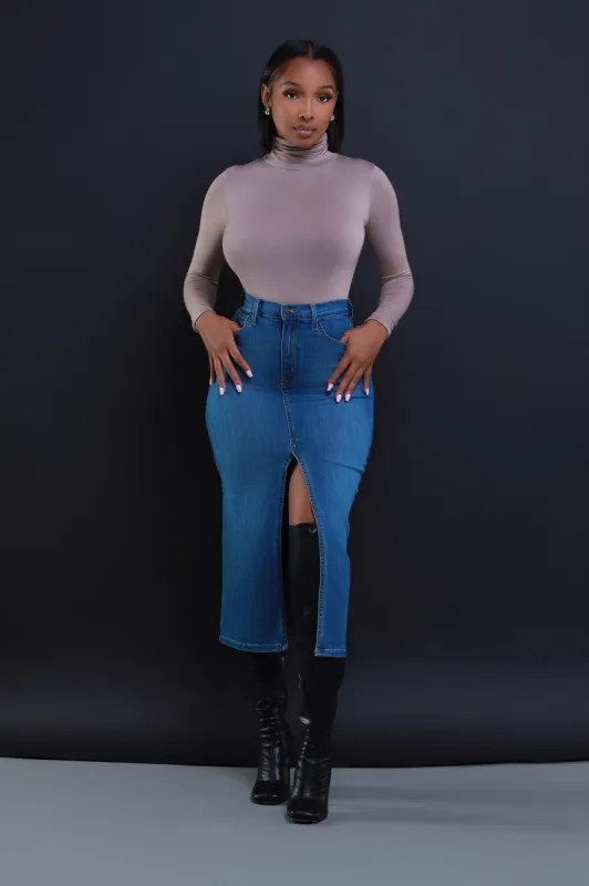 Over My Head High Rise Denim Midi Skirt - Medium Wash sold by Swankaposh