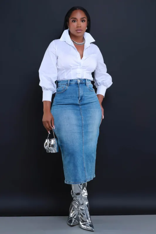 Cleaned Up High Rise Denim Midi Skirt sold by Swankaposh