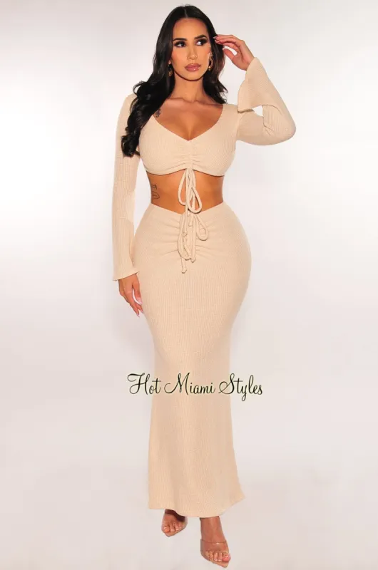 Cream Knit Drawstring Bell Sleeve Maxi Skirt Two Piece Set sold by Hot Miami Styles