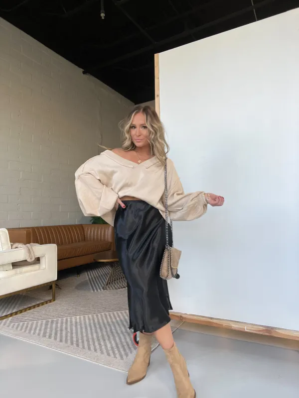 Anastasia Satin Midi Skirt Black sold by Chic by Ally B