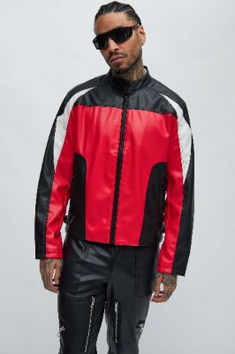 Faux Leather Racing Jacket - Black/combo sold by Fashion Nova