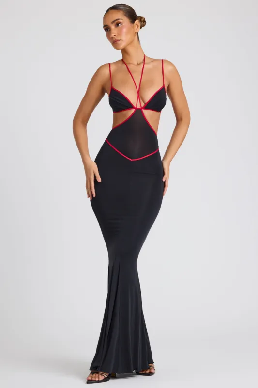 Contrast Binding Cut Out Evening Gown in Black sold by Oh Polly
