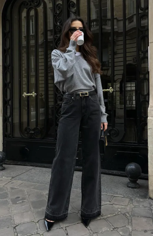 I Don't Need You Mid Rise Wide Leg Jeans Black Acid Wash sold by White Fox Boutique