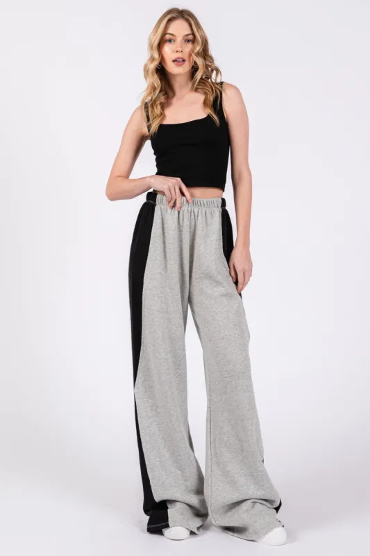 Heather Grey Contrast Side Wide Leg Fleece Lounge Pants sold by Pinkblush