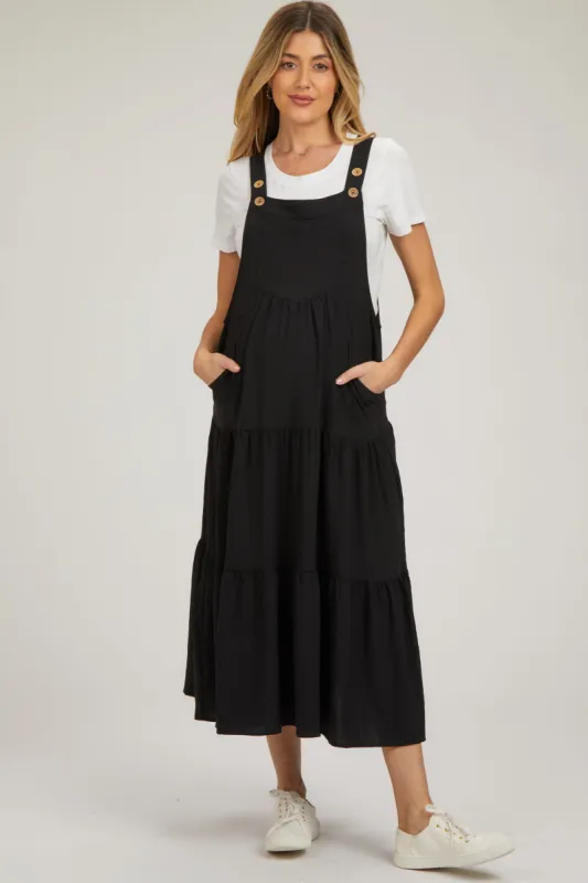 Black Button Sling Tiered Maternity Midi Dress sold by Pinkblush