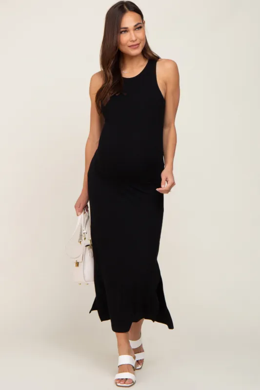 Black Ribbed Maternity Side Slit Tank Dress sold by Pinkblush