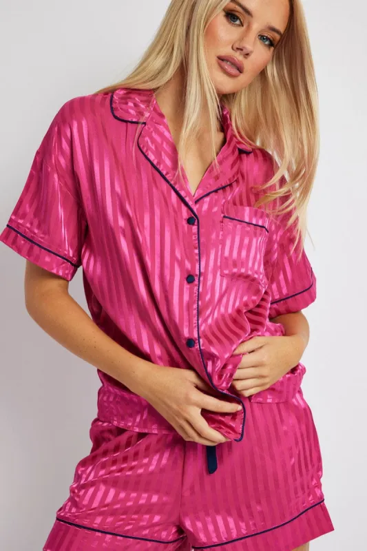 Pink Stripe Pyjama Set Stripe Satin Jacquard Navy Piping PJ sold by Ally Fashion
