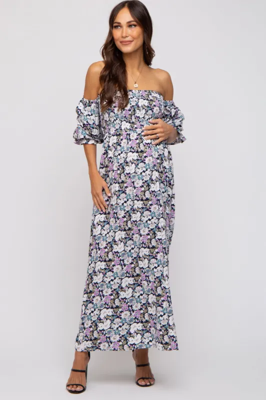 Black Floral Print Off Shoulder Smocked Maternity Maxi Dress sold by Pinkblush