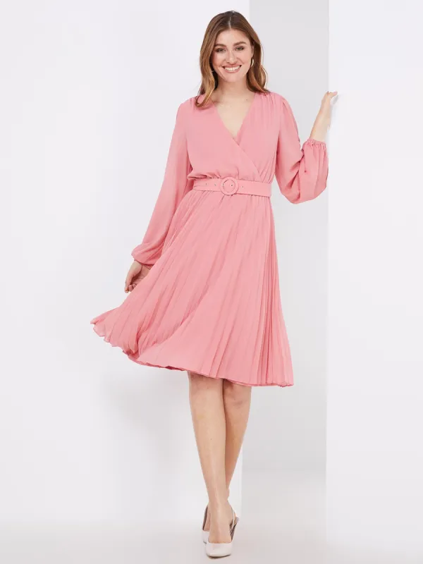 Crossover Belted Midi Dress With Pleated Skirt sold by Suzy Shier