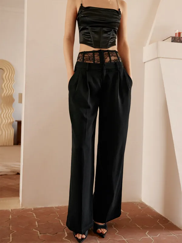 Lace Patchwork Pocket Straight Leg Pants sold by COMMENSE