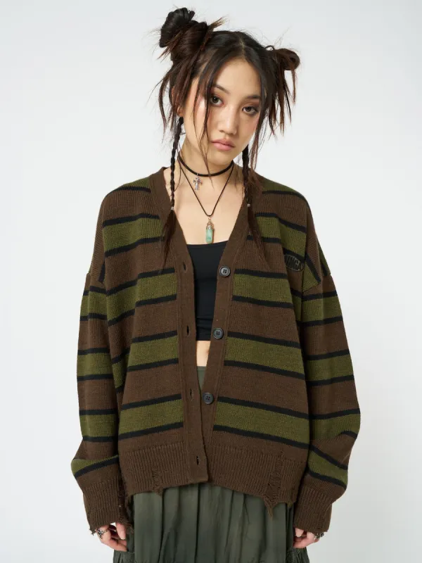 Neesa Brown & Green Stripe Knit Cardigan sold by Minga London