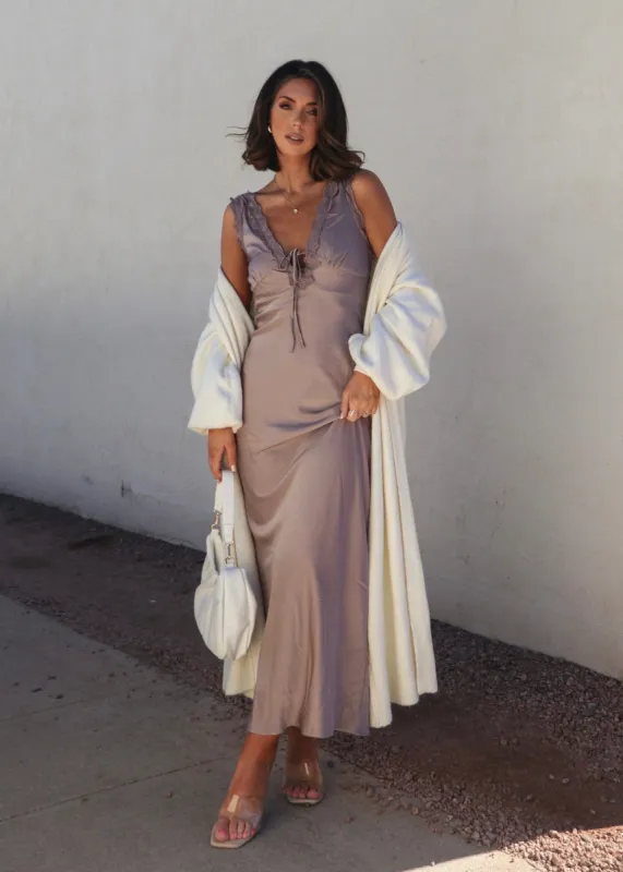 Lace Trim Satin Maxi Dress sold by LANE 201