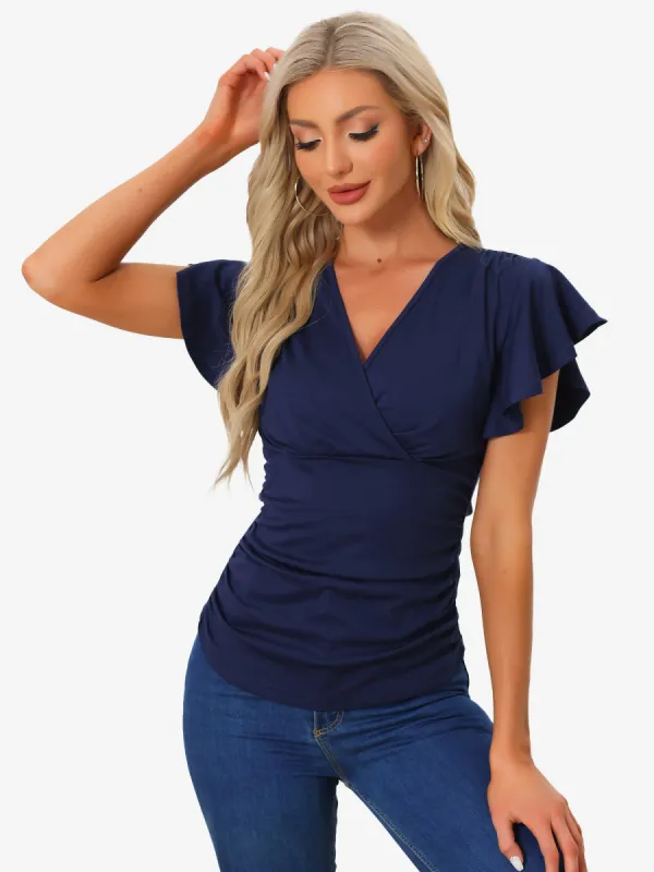Faux Wrap Blouse Summer V Neck Ruffle Sleeve Casual Top Blouse sold by Allegra K