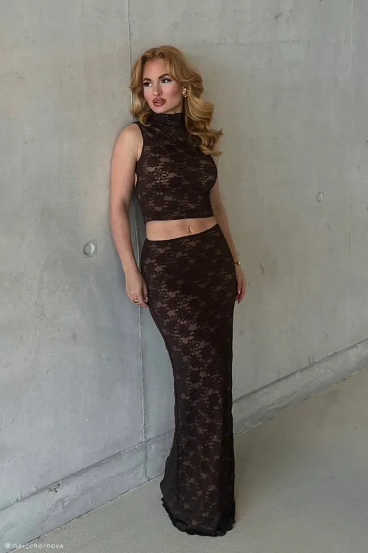 Elska Lace Maxi Skirt - Chocolate sold by Meshki