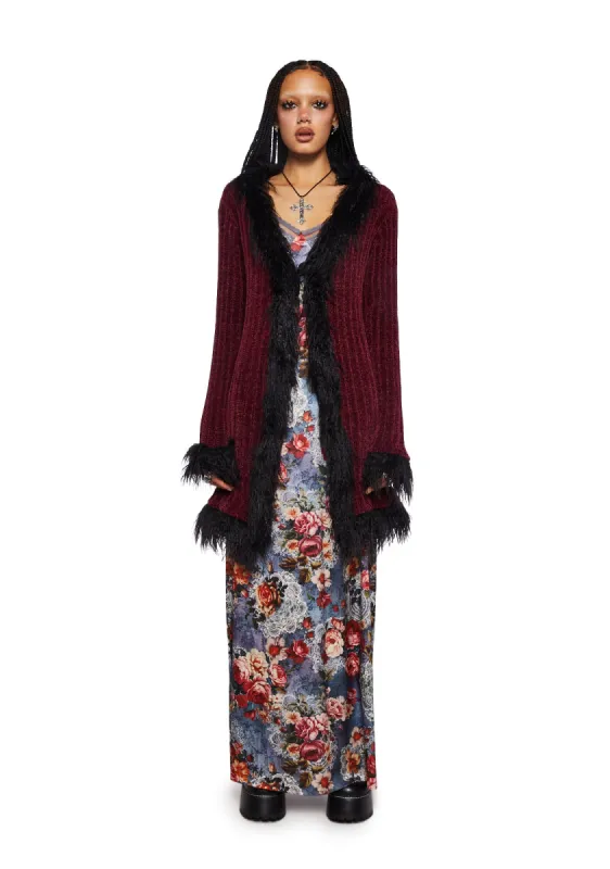 Furry Foe Long Cardigan-Burgundy sold by Dolls Kill
