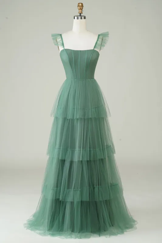 A Line Spaghetti Straps Long Tulle Eucalyptus Bridesmaid Dress sold by Zapaka