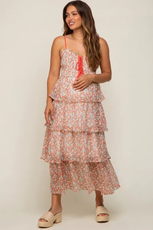 Red Floral Sleeveless Tiered Maternity Maxi Dress sold by Pinkblush