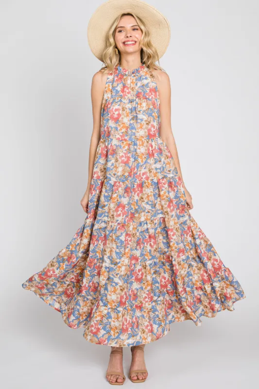Blue Floral Ruffle Mock Neck Tiered Maxi Dress sold by Pinkblush