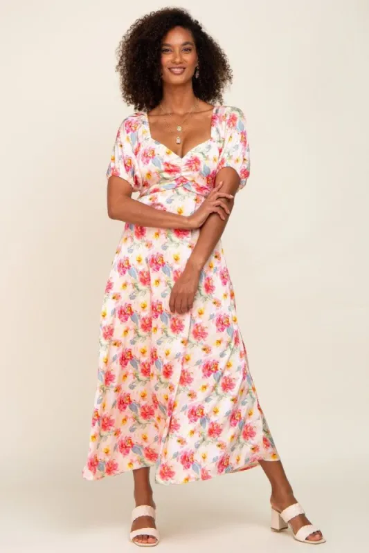 Pink Floral Satin Ruched V-Neck Puff Short Sleeve Maxi Dress sold by Pinkblush